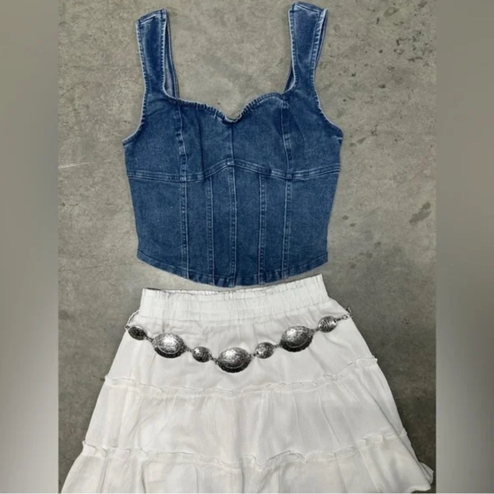 New! Stretchy Denim Sweetheart Corset Top, Festival Western Cowgirl Rodeo Style - Picture 3 of 7